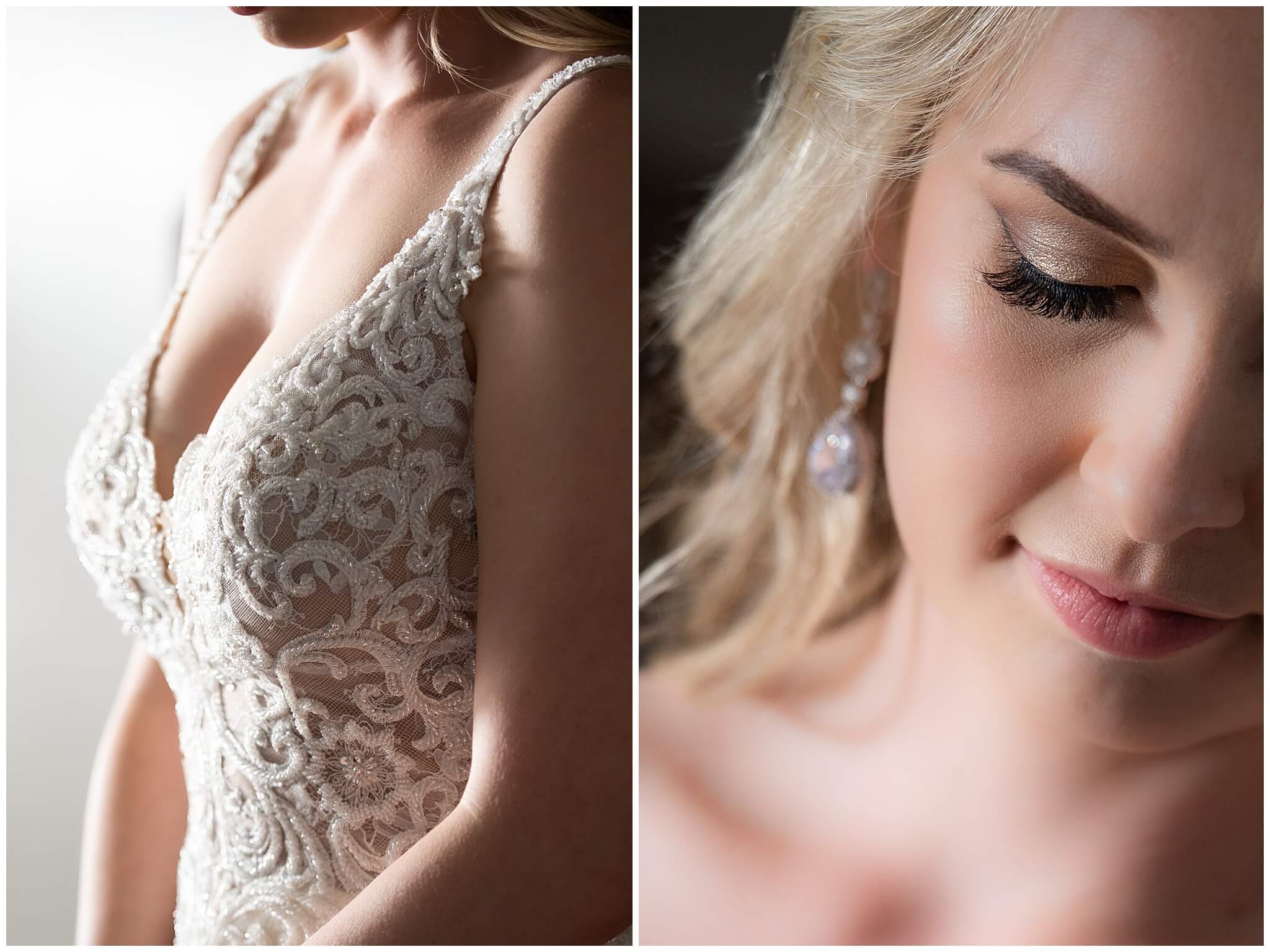 closeup details of a bride's dress and earrings as she gets ready at Stonefields Estate