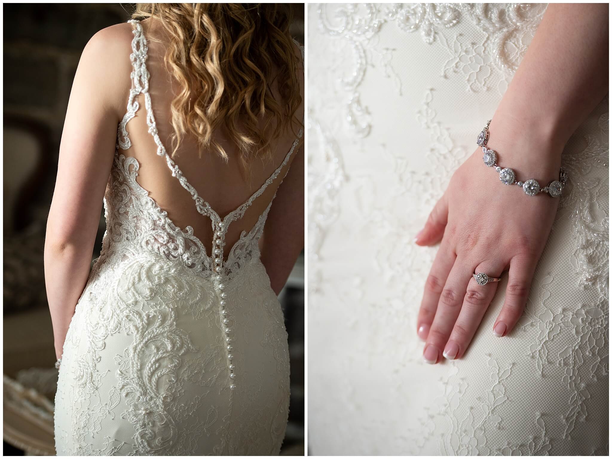 back button details of a bride's wedding gown, her engagement ring and bracelet