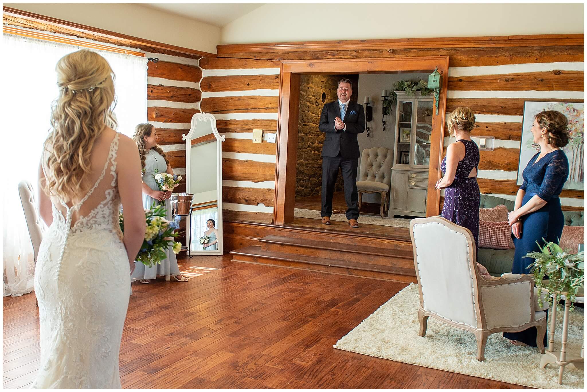 a bride's first looks with her dad in the Stonefields Estate Farmhouse