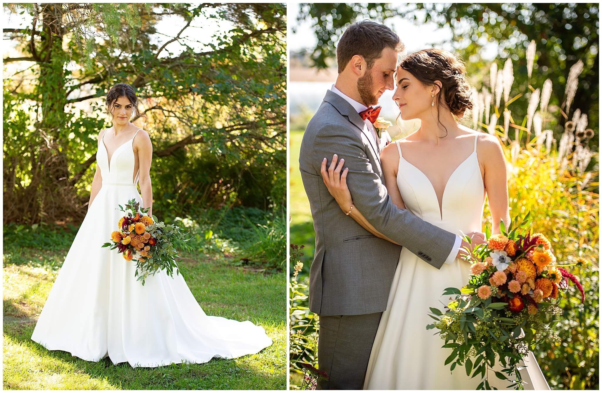 a bride holding a fall coloured bouquet embracing a groom in a grey suit. Captured outdoors at Strathmere weddings by JEMMAN Photography