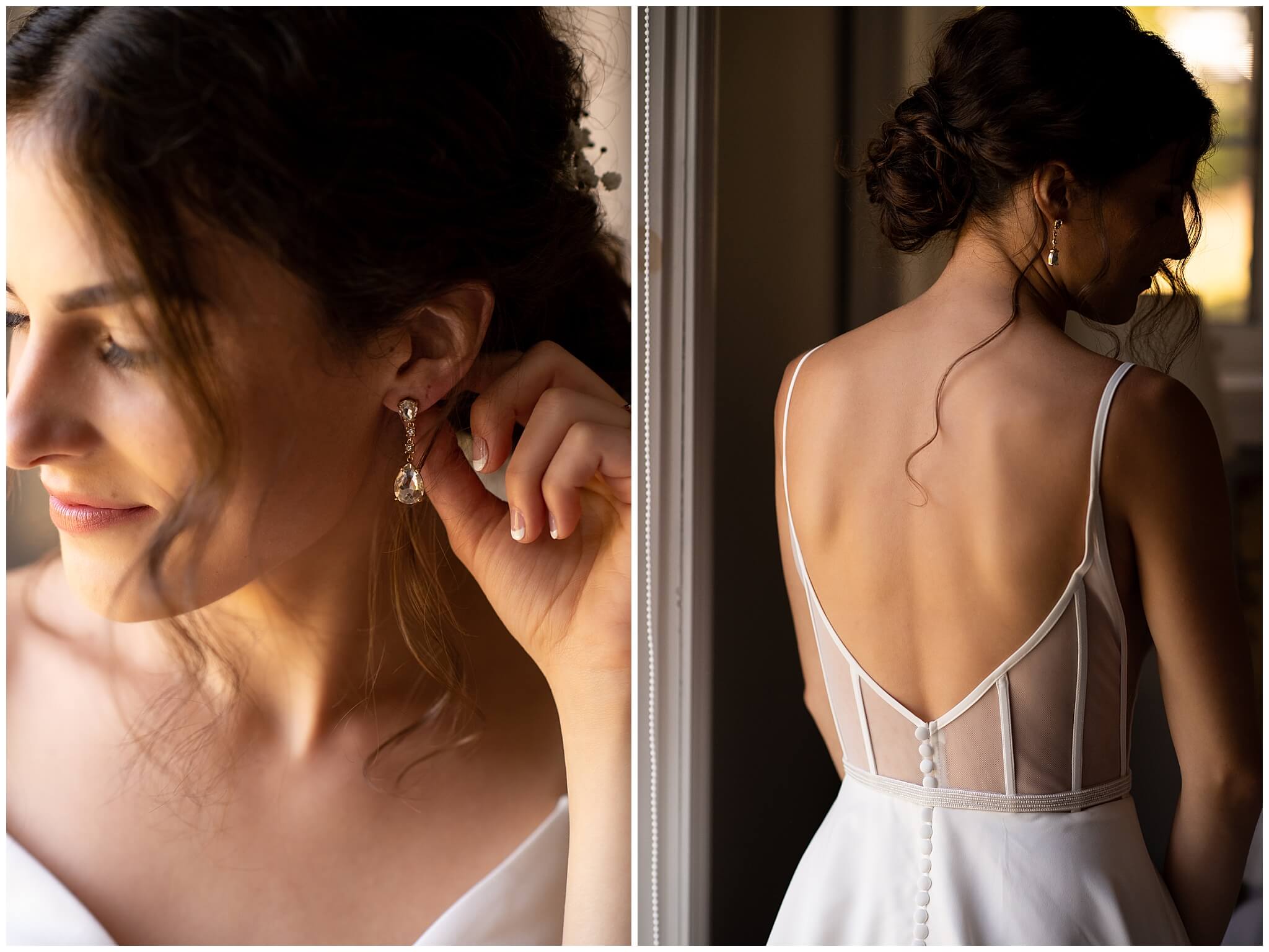 closeup detail photos of the brides earrings and back of the dress while she gets ready in her Strathmere Weddings bridal suite