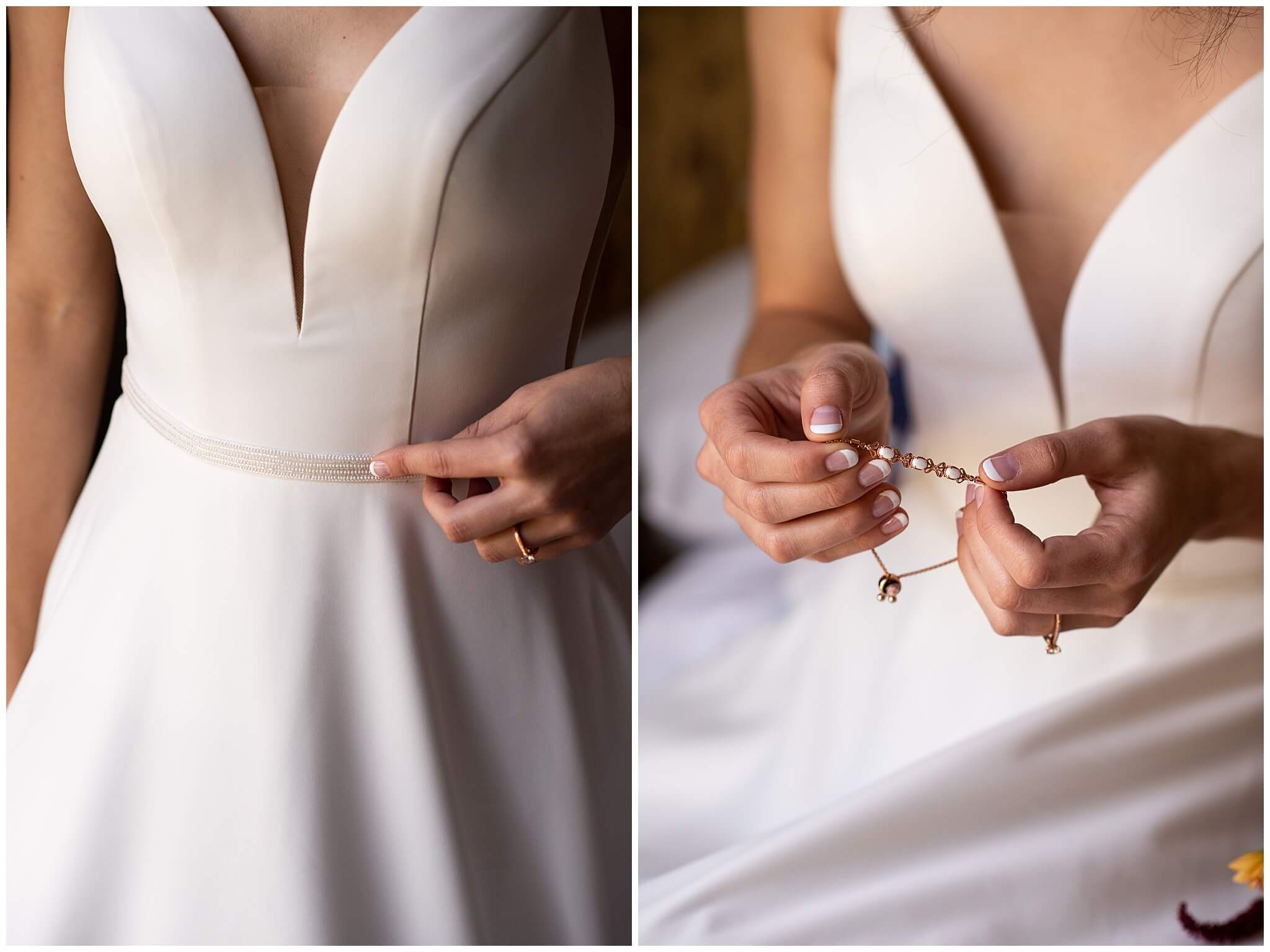 closeup details of a bride's belt and bracelet as she gets ready for her ceremony at Strathmere Weddings