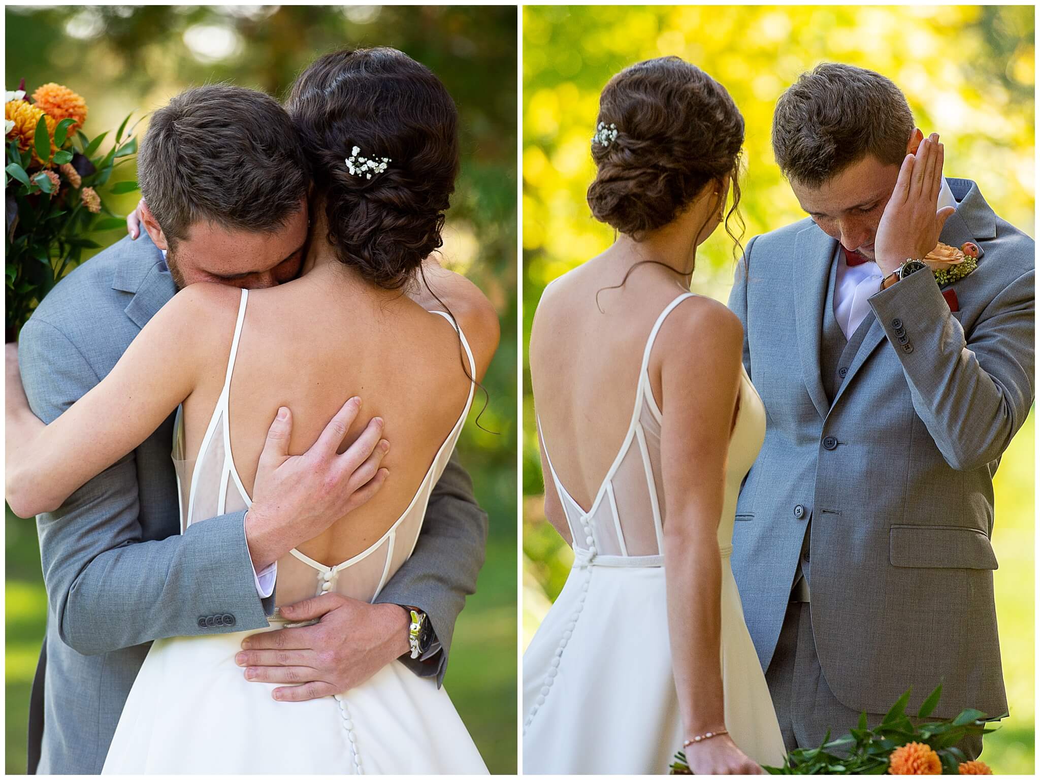 a groom cries and hugs his wife during first looks at Strathmere Weddings near Ottawa