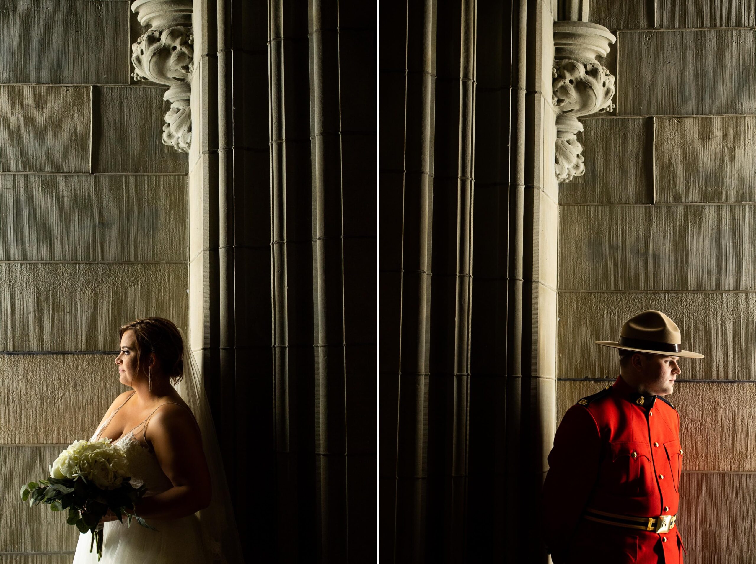 a bride in a white dress and a groom in the RCMP serge uniform lean on the marble columns during their Museum of Nature wedding