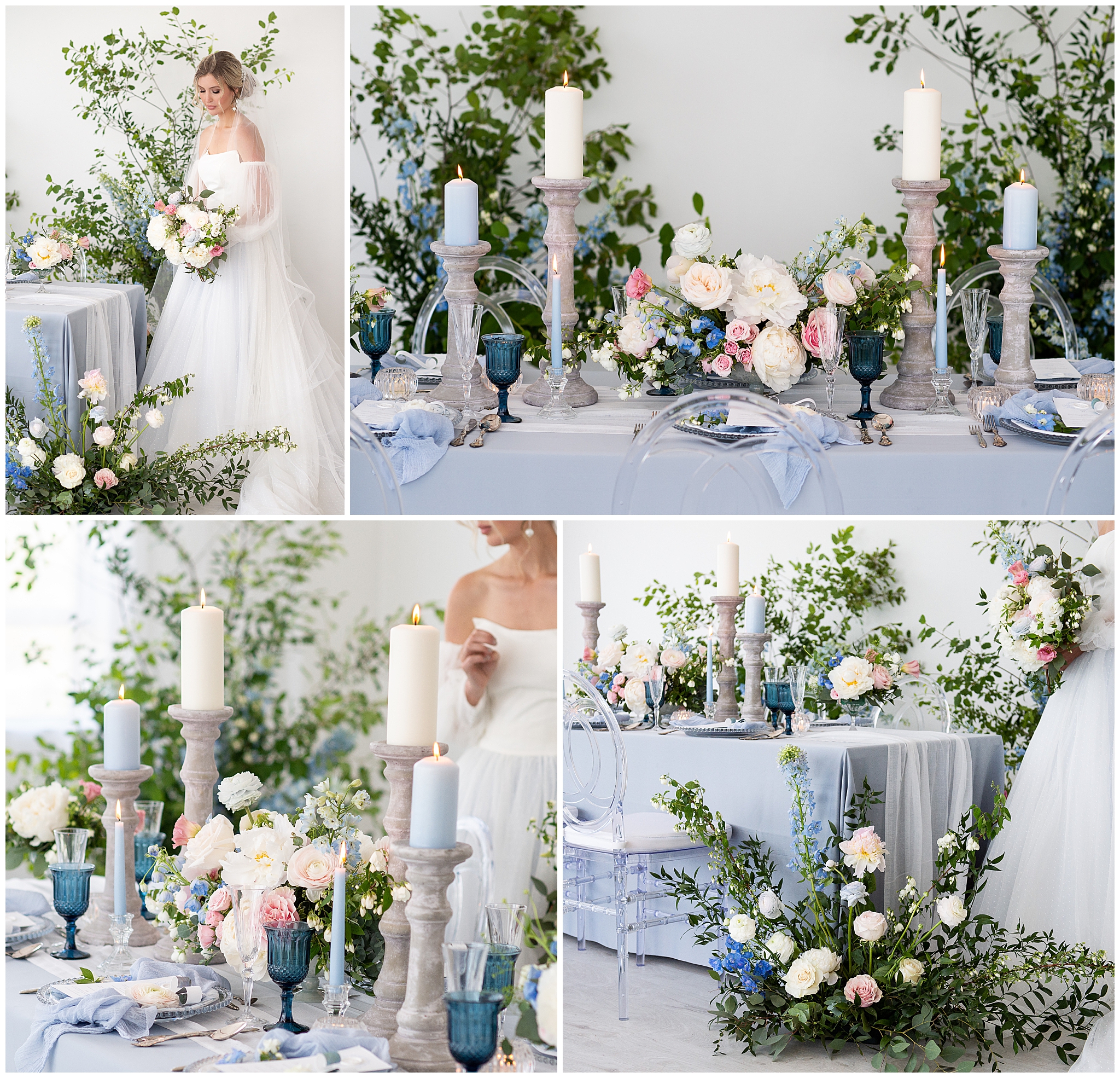 a collage of photos showing a wedding table set up with candles, flowers, place settings, tablecloth. 