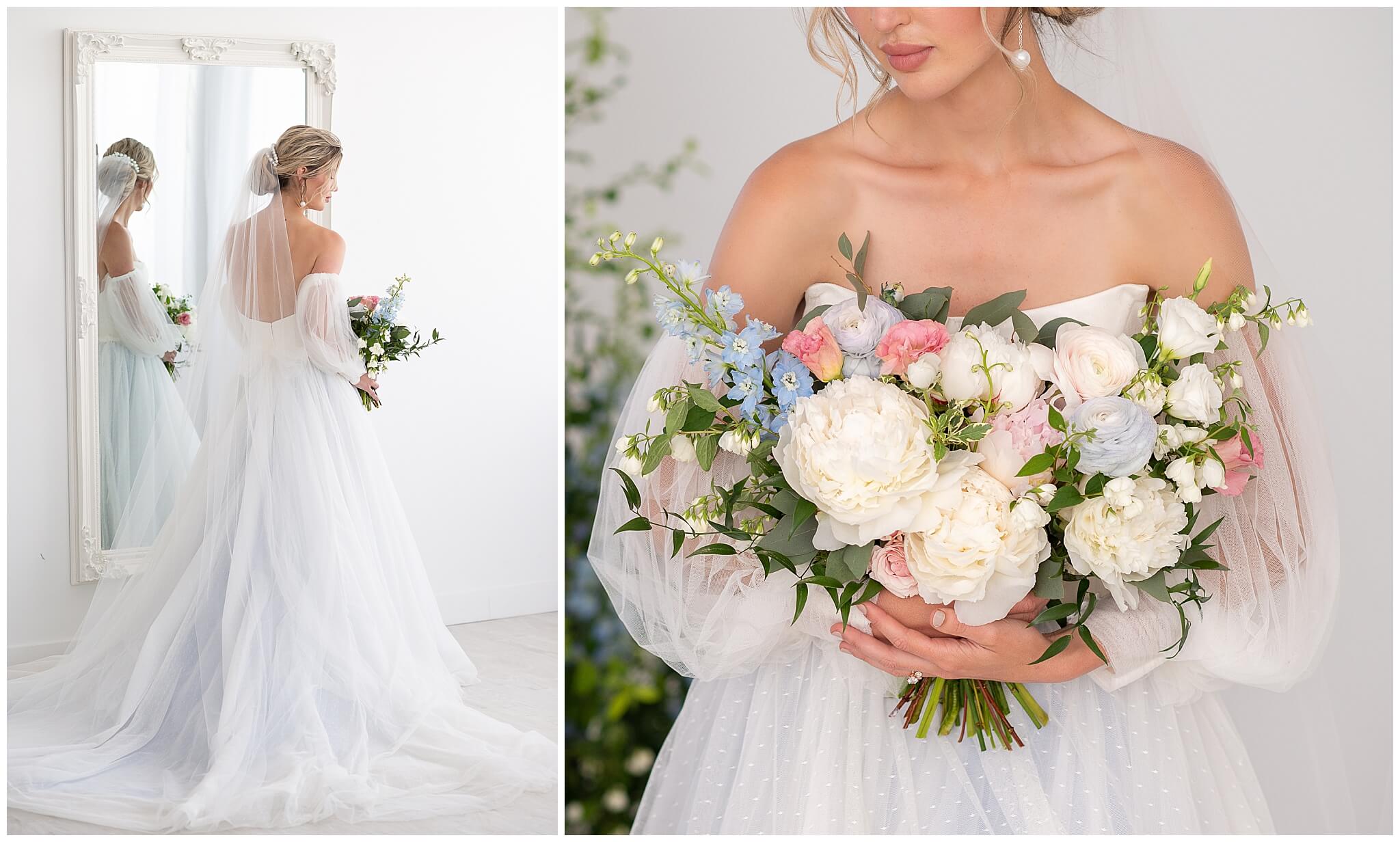 a collage showing the rear of a bride's gown and the face of her bridal bouquet with blue, white and pink flowers. Captured by Ottawa Wedding Photographer JEMMAN Photography