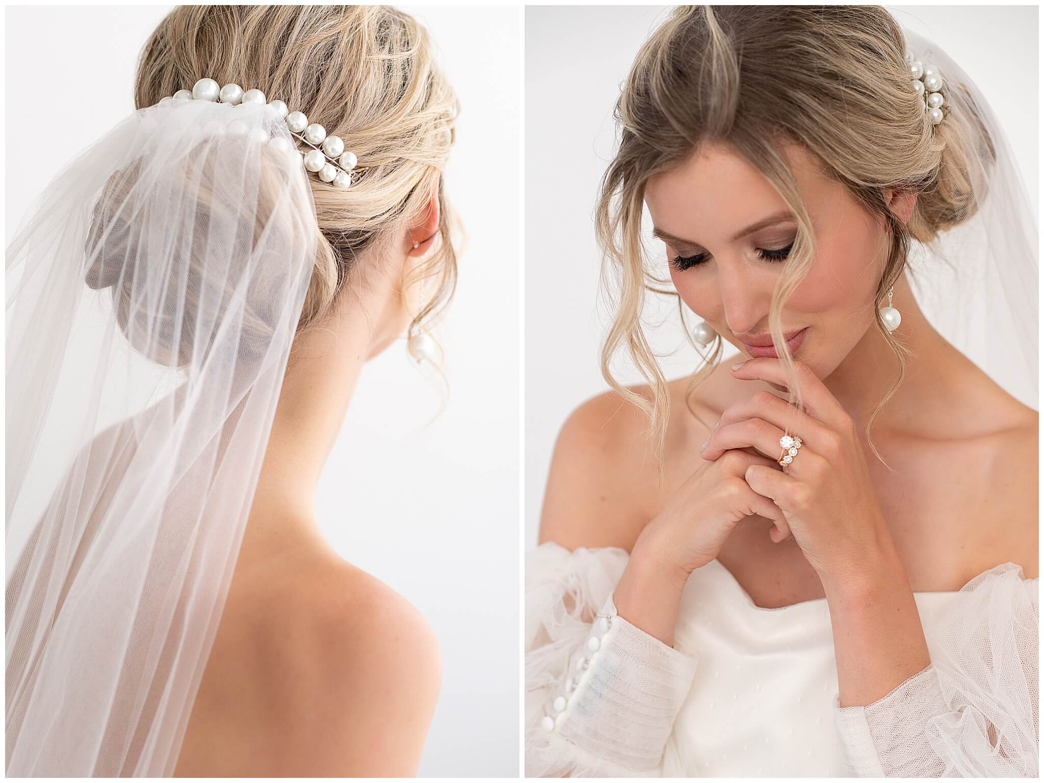 detail photos of a bride's hairpiece, veil, engagement ring and wedding band. The beautiful quality of the photos shows how it important it is to choose a wedding photographer in Ottawa