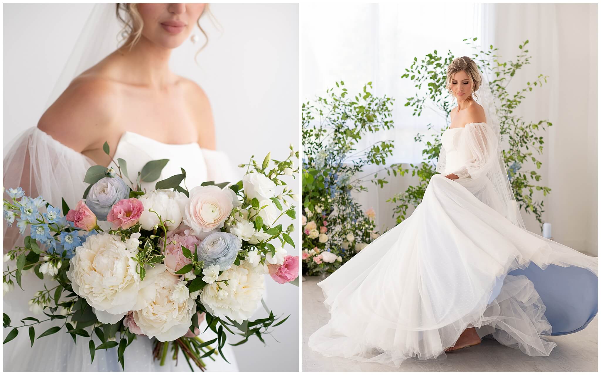 a collage photo of a bridal bouquet and a bride flipping her dress to reveal a blue layer underneath. Captured indoors by Ottawa Wedding Photographer JEMMAN Photography