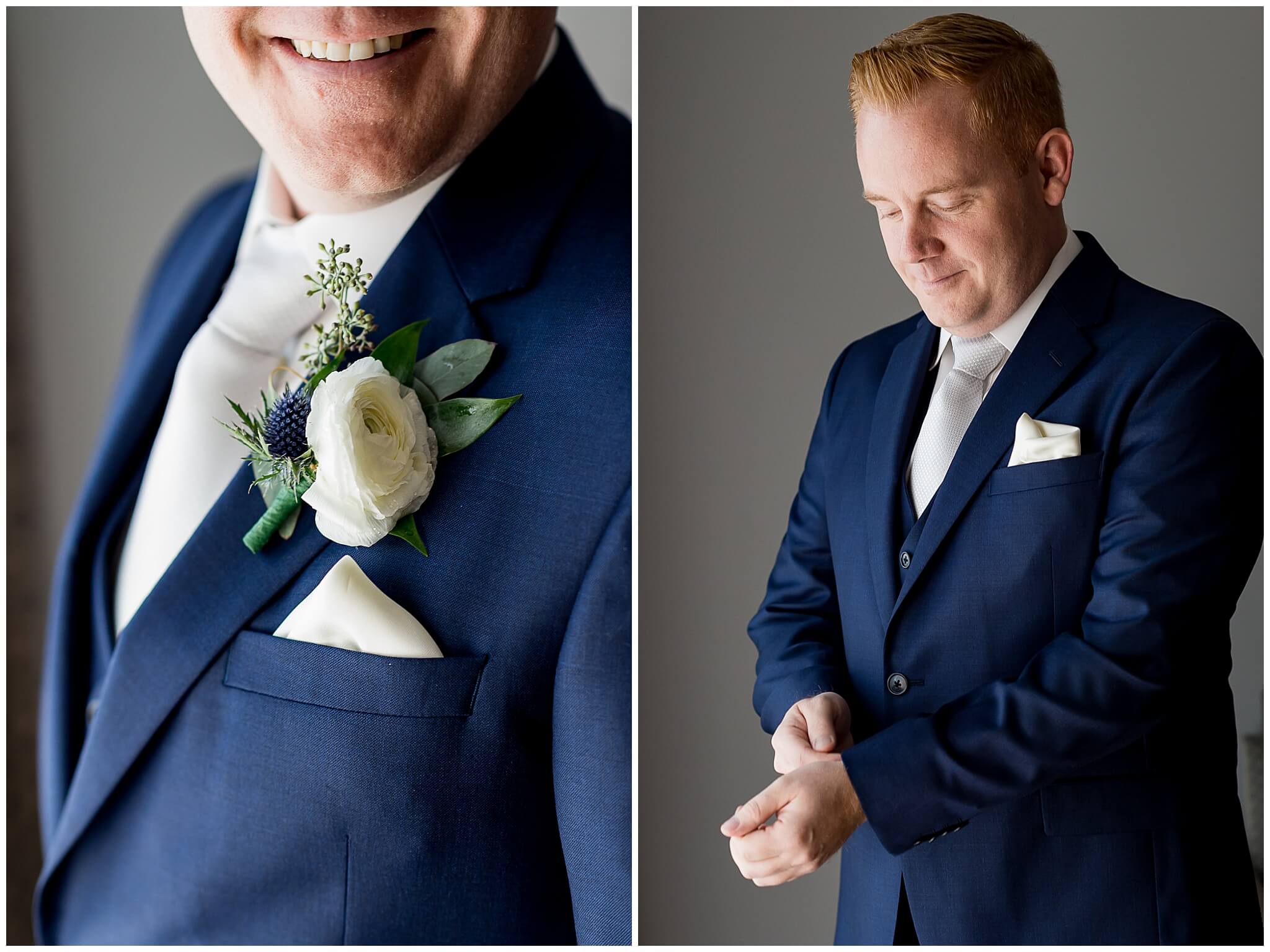 a groom in a blue suit getting ready for his wedding at The Marshes wedding venue