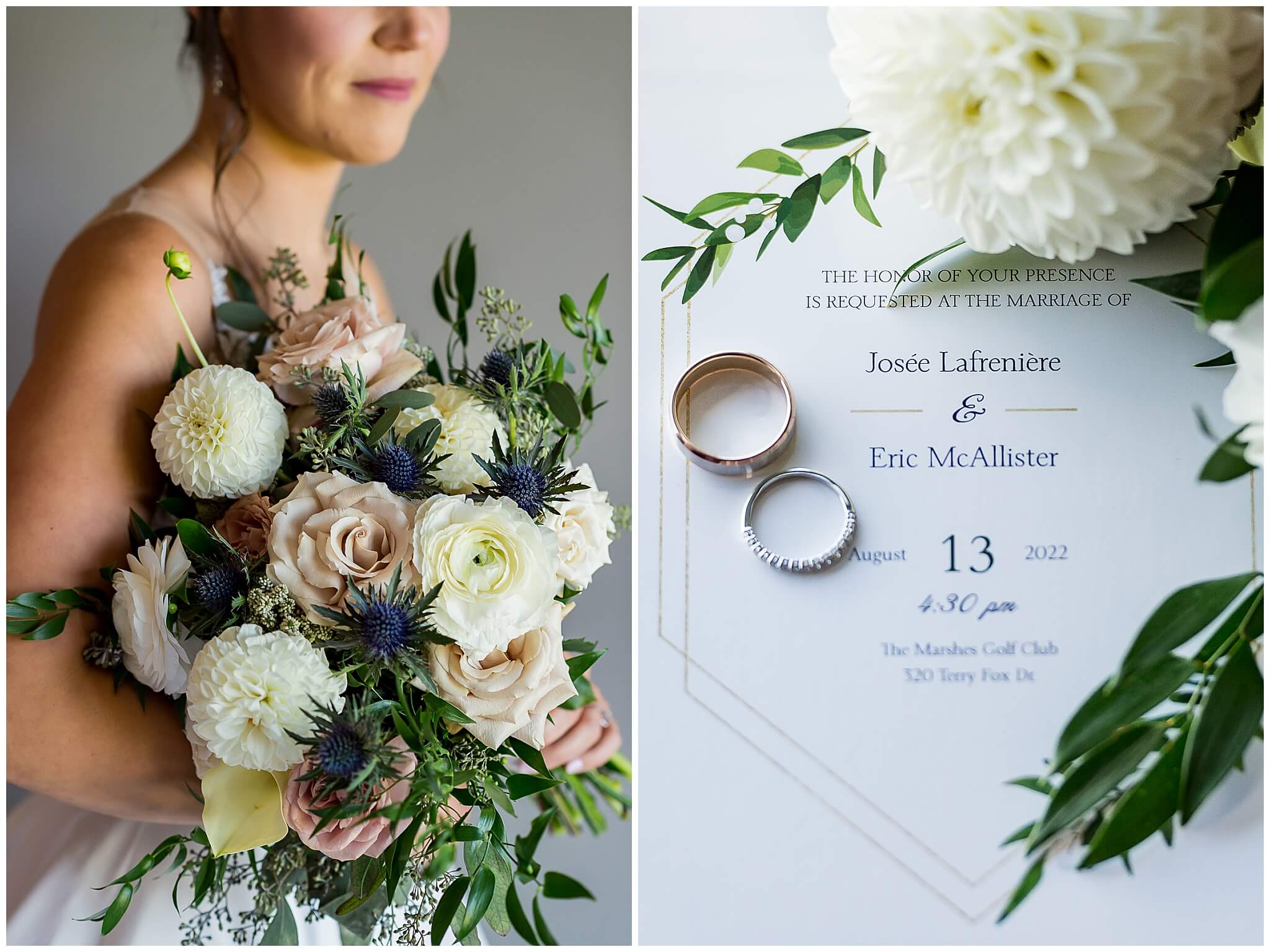 closeup details of a wedding bouquet and wedding invitation