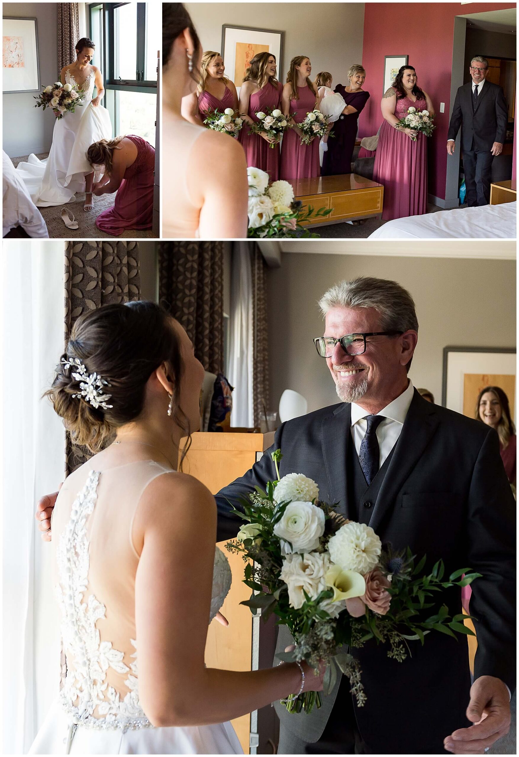 first looks between a bride and her father as she gets ready for her wedding at The Marshes wedding venue