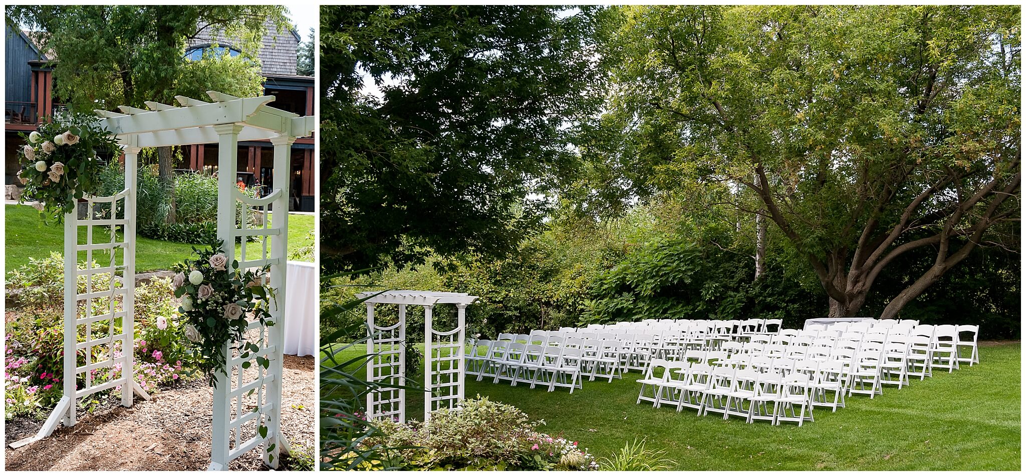 outdoor ceremony setup of white chairs and white arbor at The Marshes wedding venue