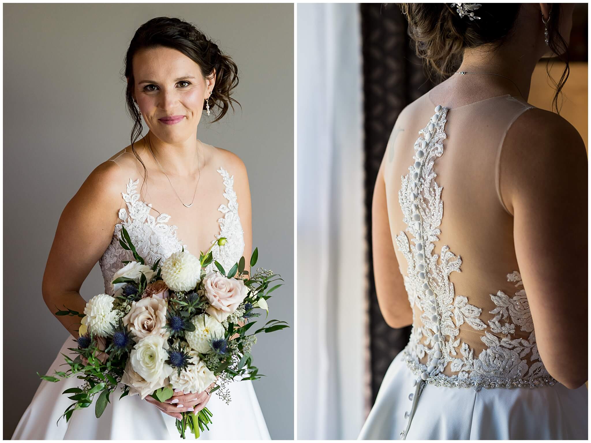 front and rear details of a bride's wedding gown as she gets ready for wedding at The Marshes wedding venue