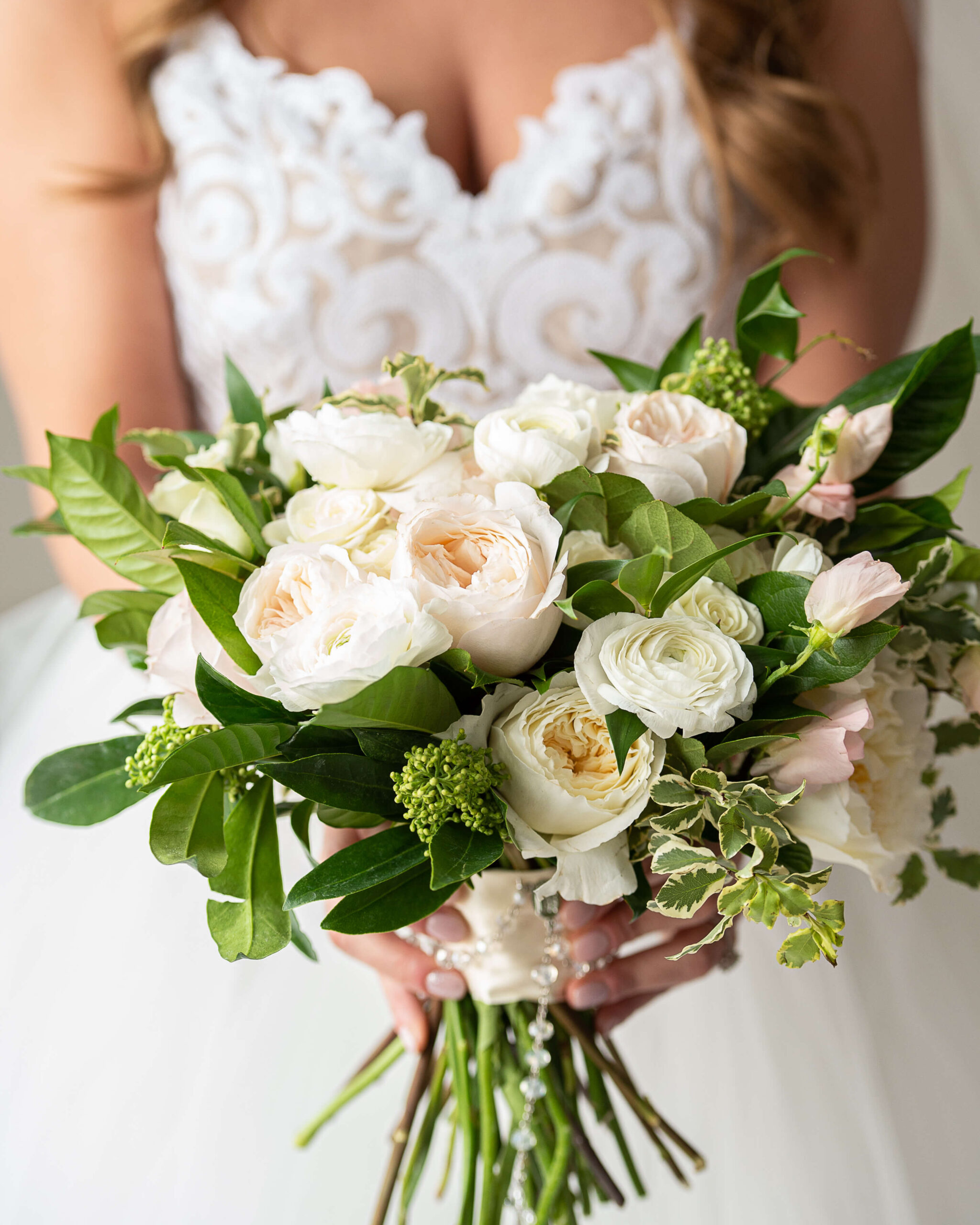a closeup of an elegant bouquet that is in the style of Erica Irwin Weddings & Events