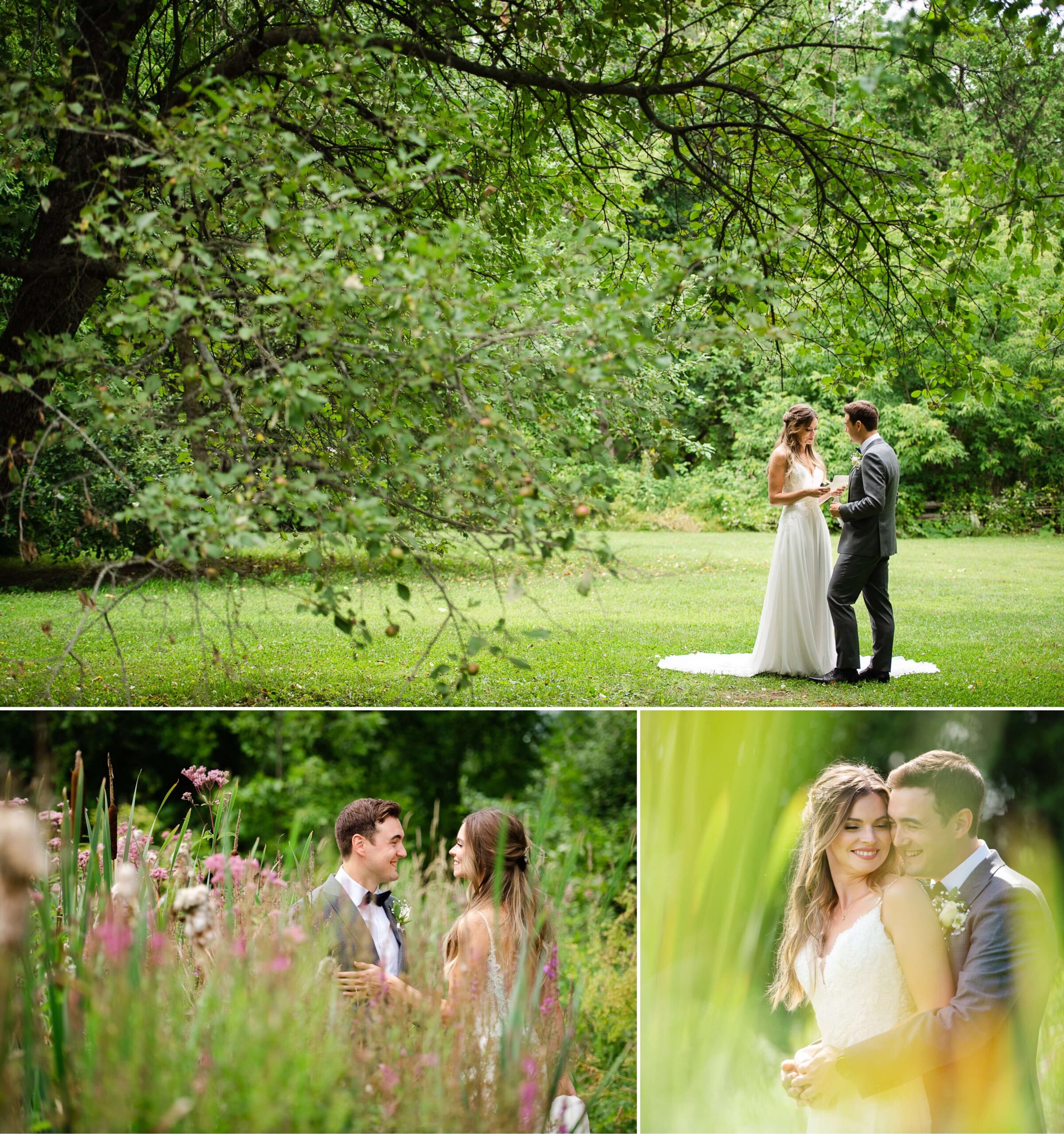 a collage of photos with a bride and groom reading vows to each other and kissing among the wildflowers at Jabulani Wedding Venue