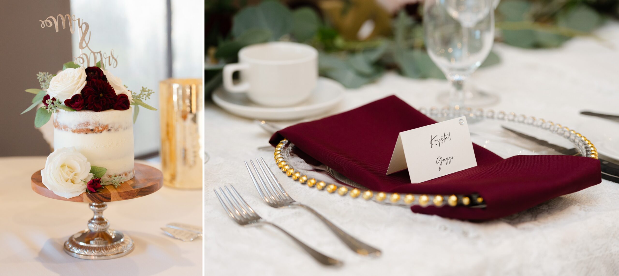 side by side photos of a naked wedding cake decorated with burgundy flowers and a table setting with gold charger plate and burgundy napkin. Details styled by Opportunity Knocks Events