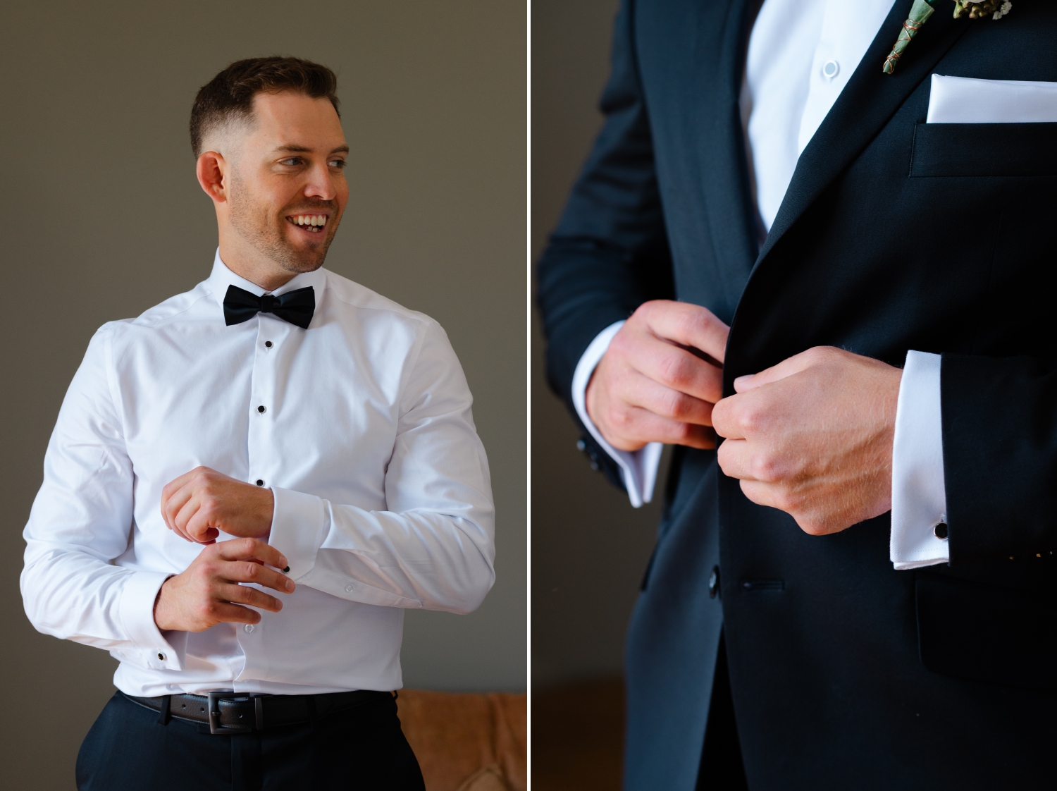 a groom buttoning his cuffs and his jacket as he gets ready for his Bleeks and Bergamot Wedding ceremony