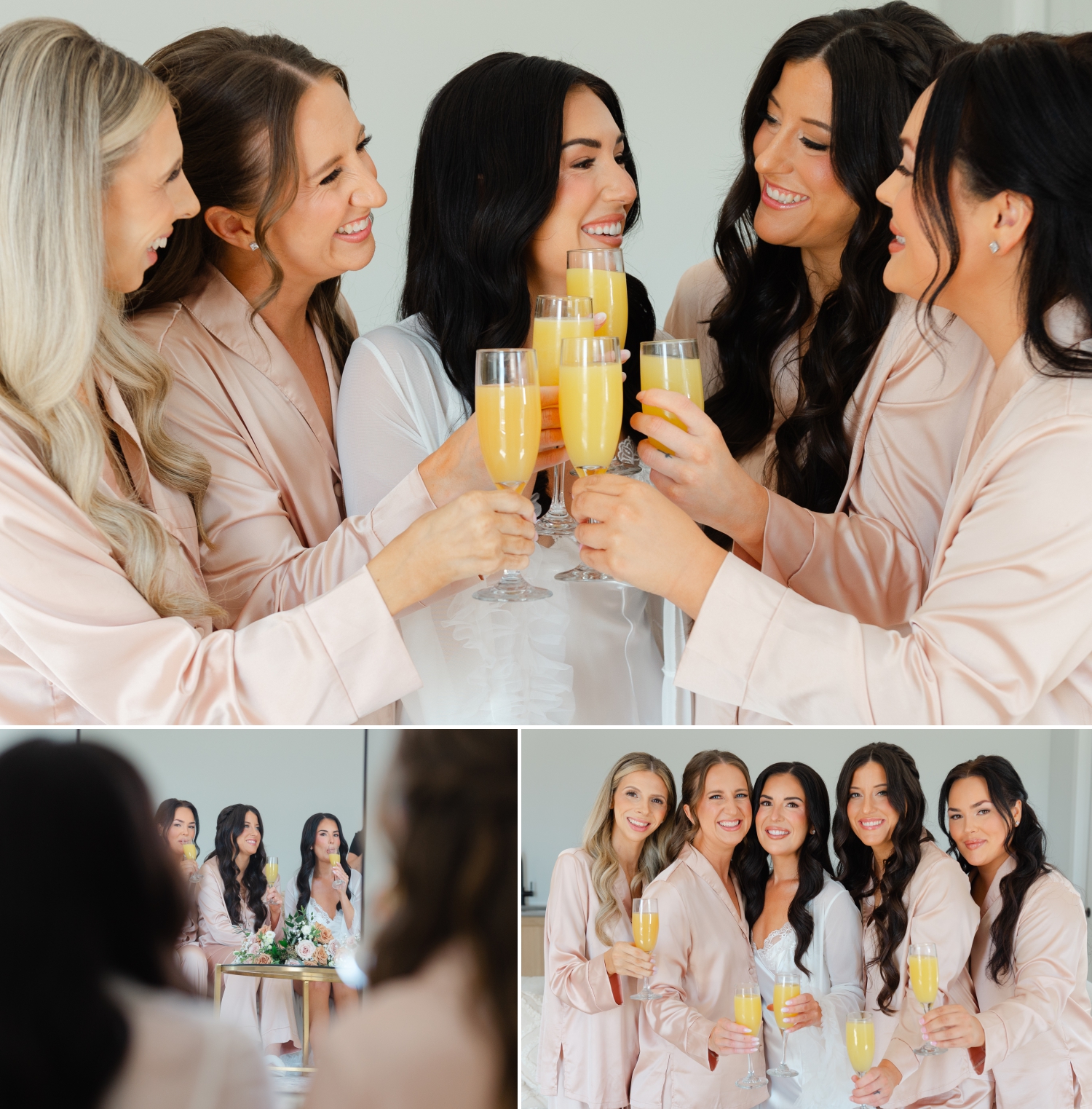 a bride and her bridesmaids in peach robes driking mimosas and having fun as they get ready for the wedding at the Bleeks and Bergamot Wedding Venue