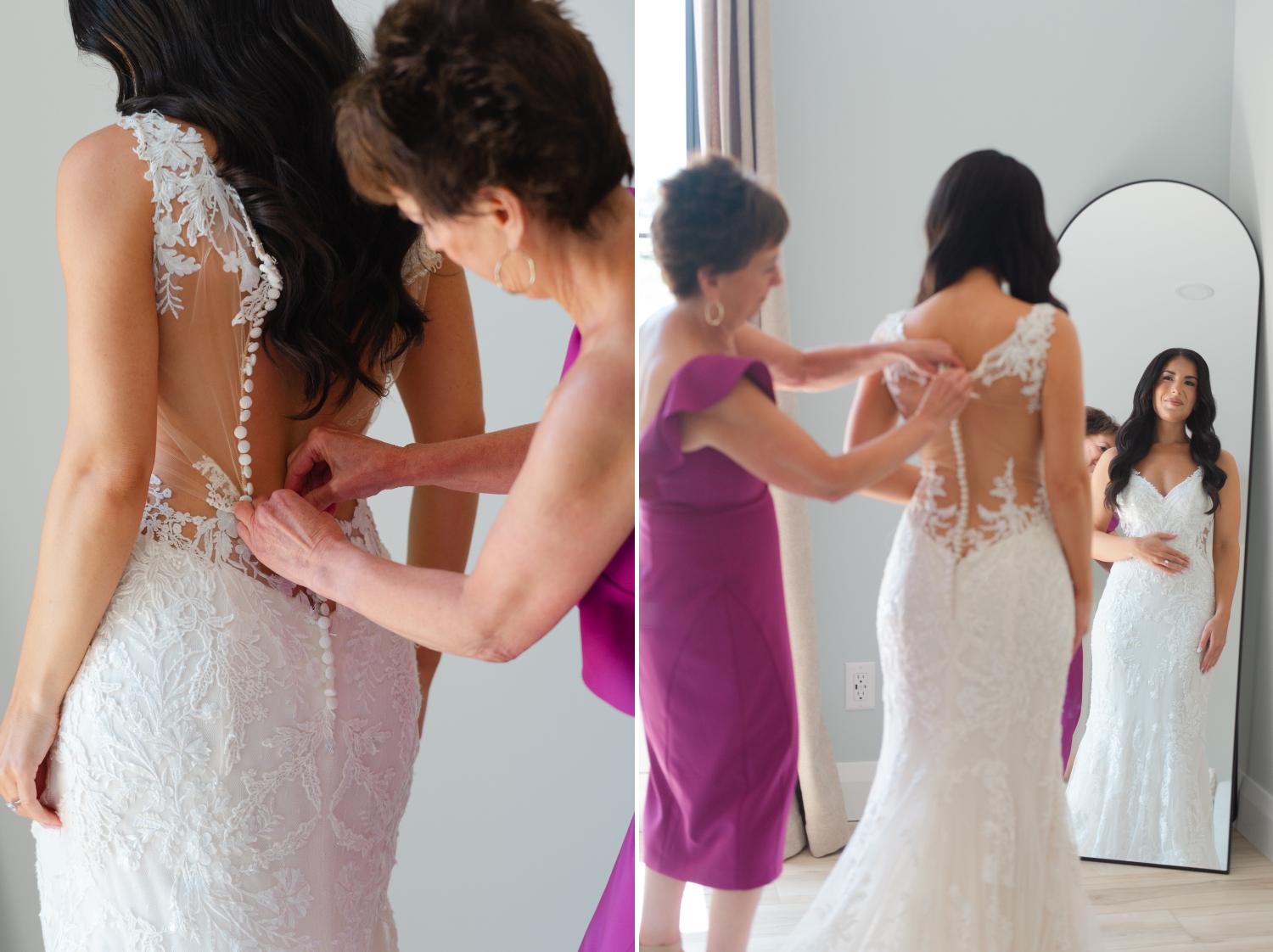 a mom helps her daughter button her wedding gown as she gets ready for her ceremony at the Bleeks and Bergamot Wedding Venue