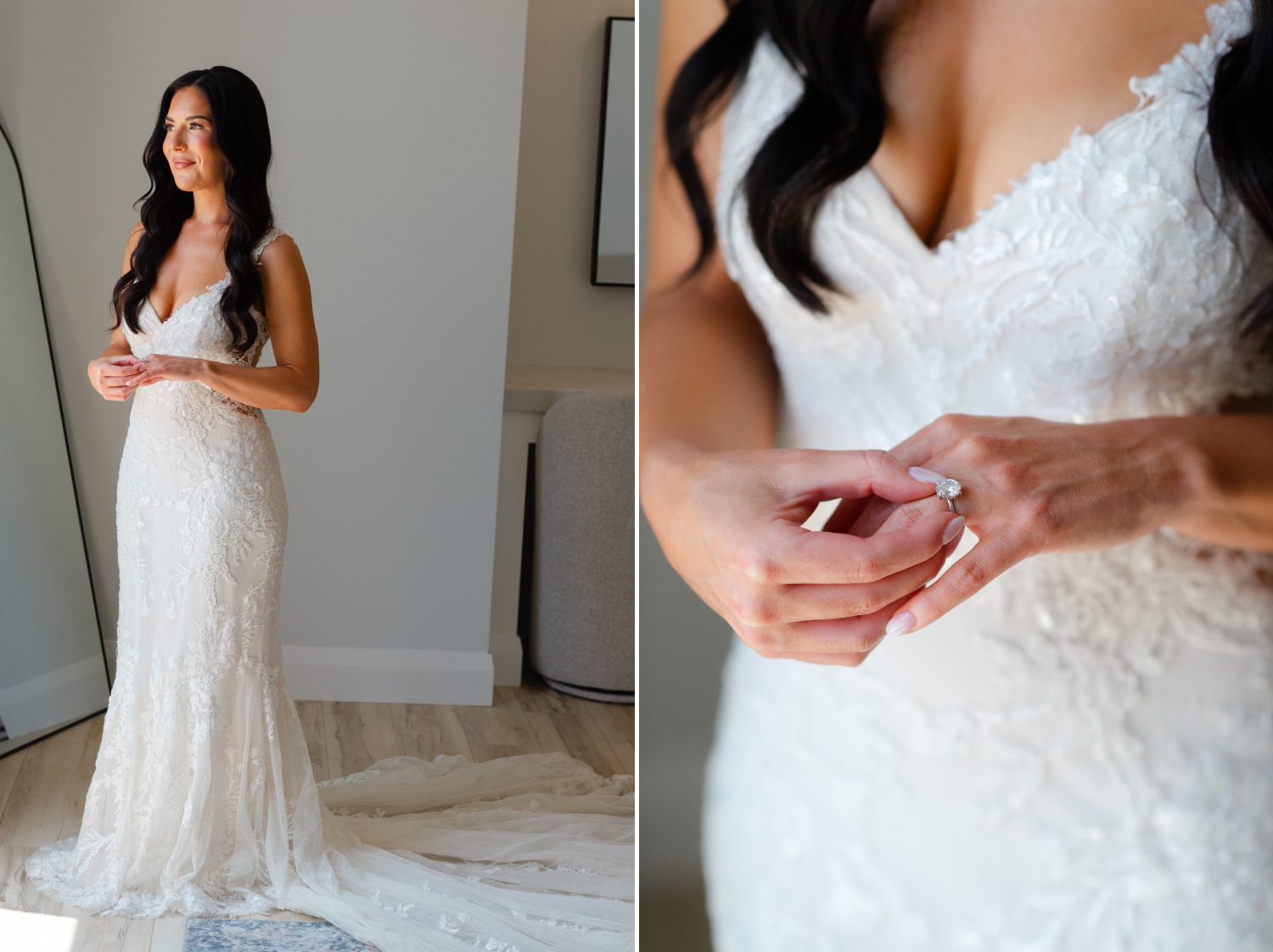 a full length and closeup photo of a bride fiddling with her engagement ring on her wedding day at the Bleeks and Bergamot Wedding Venue