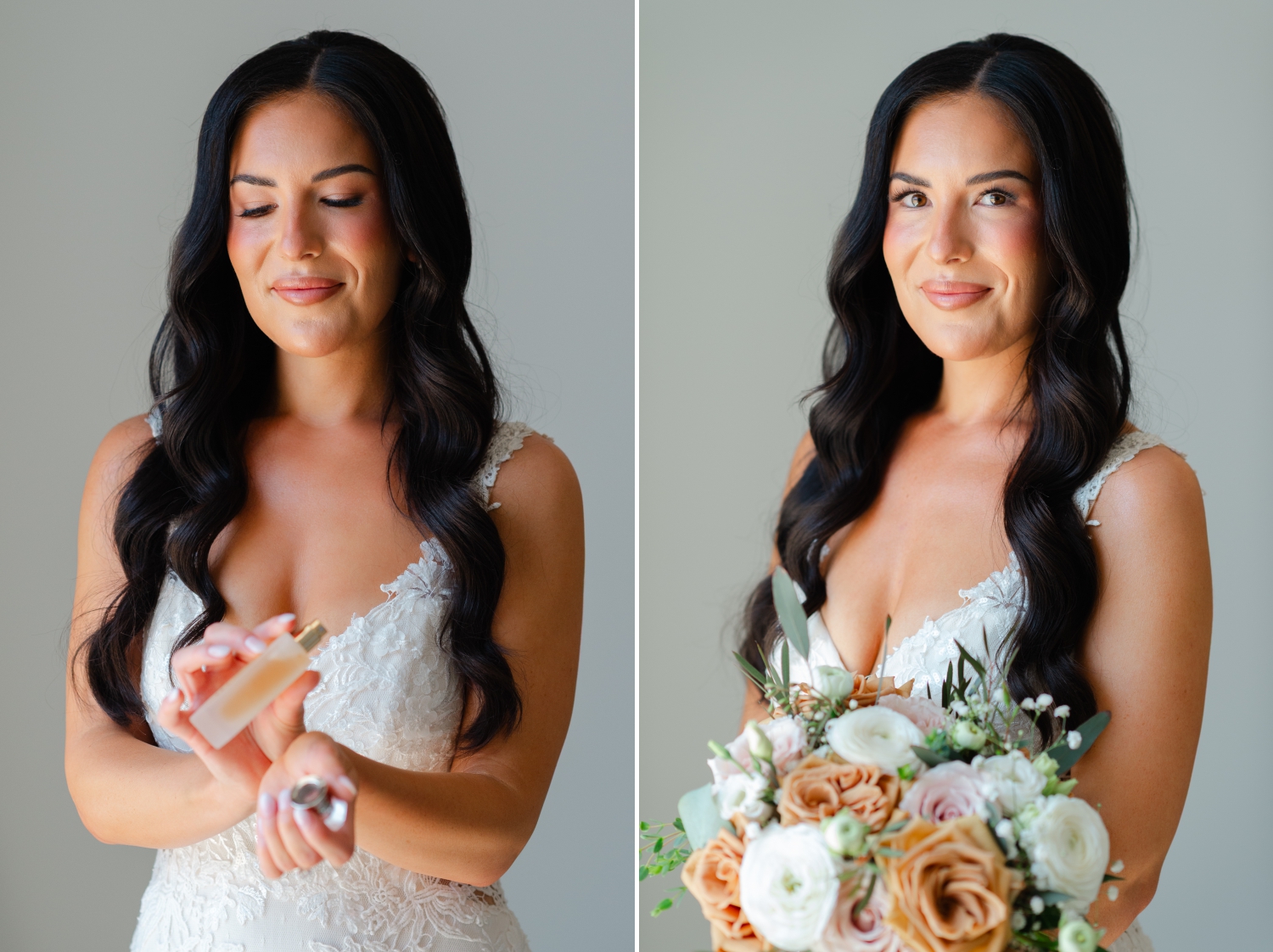 a bride holding her bouquet and putting perfume on her wrist as part of her getting ready photos at the Bleeks and Bergamot Wedding Venue