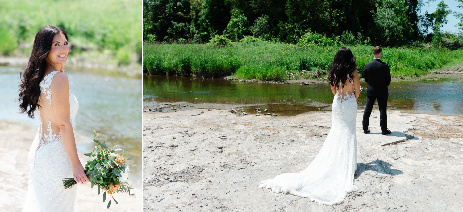 a bride walking up to her groom from behind for their first look on the riverside at the Bleeks and Bergamot Wedding Venue