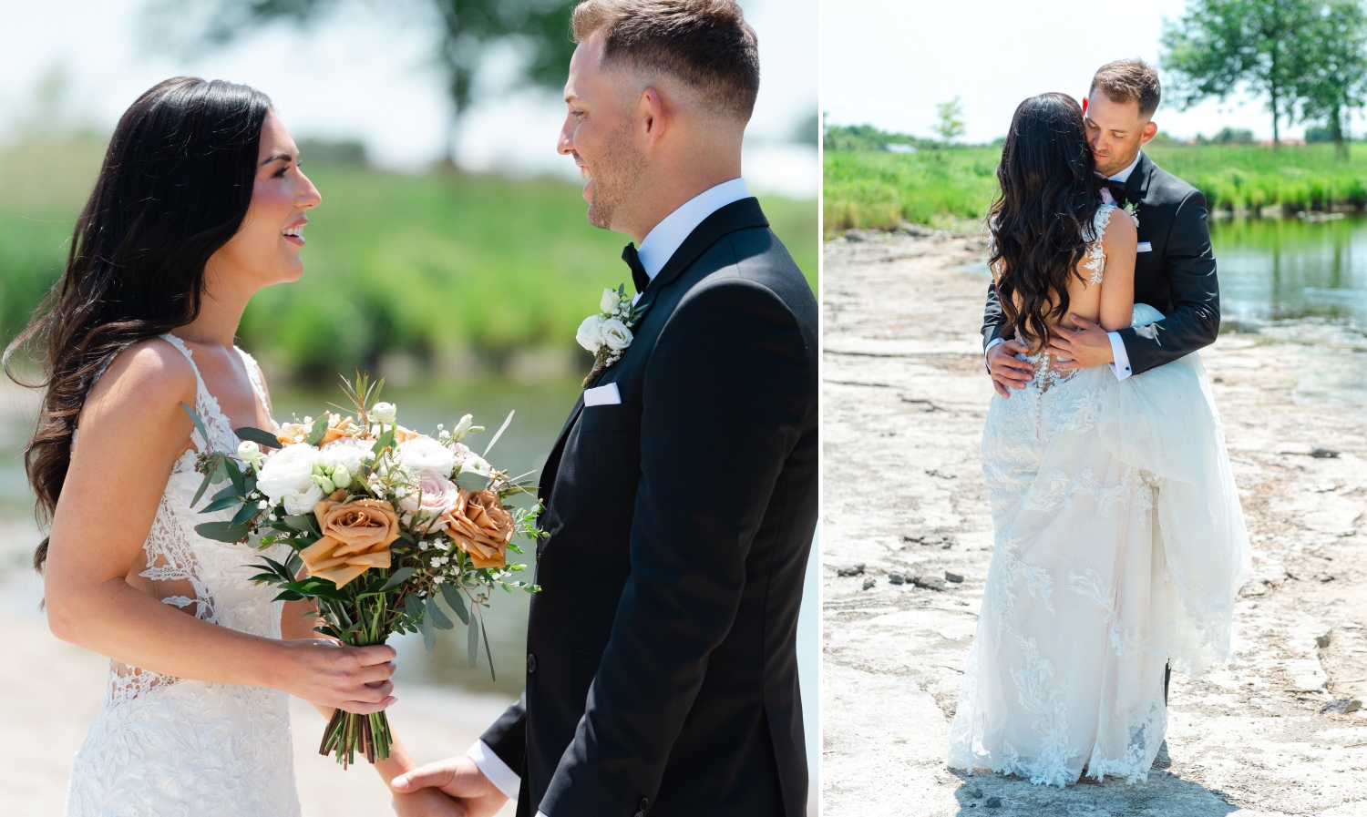 a groom hugging his bride during their first looks at the Bleeks and Bergamot Wedding Venue
