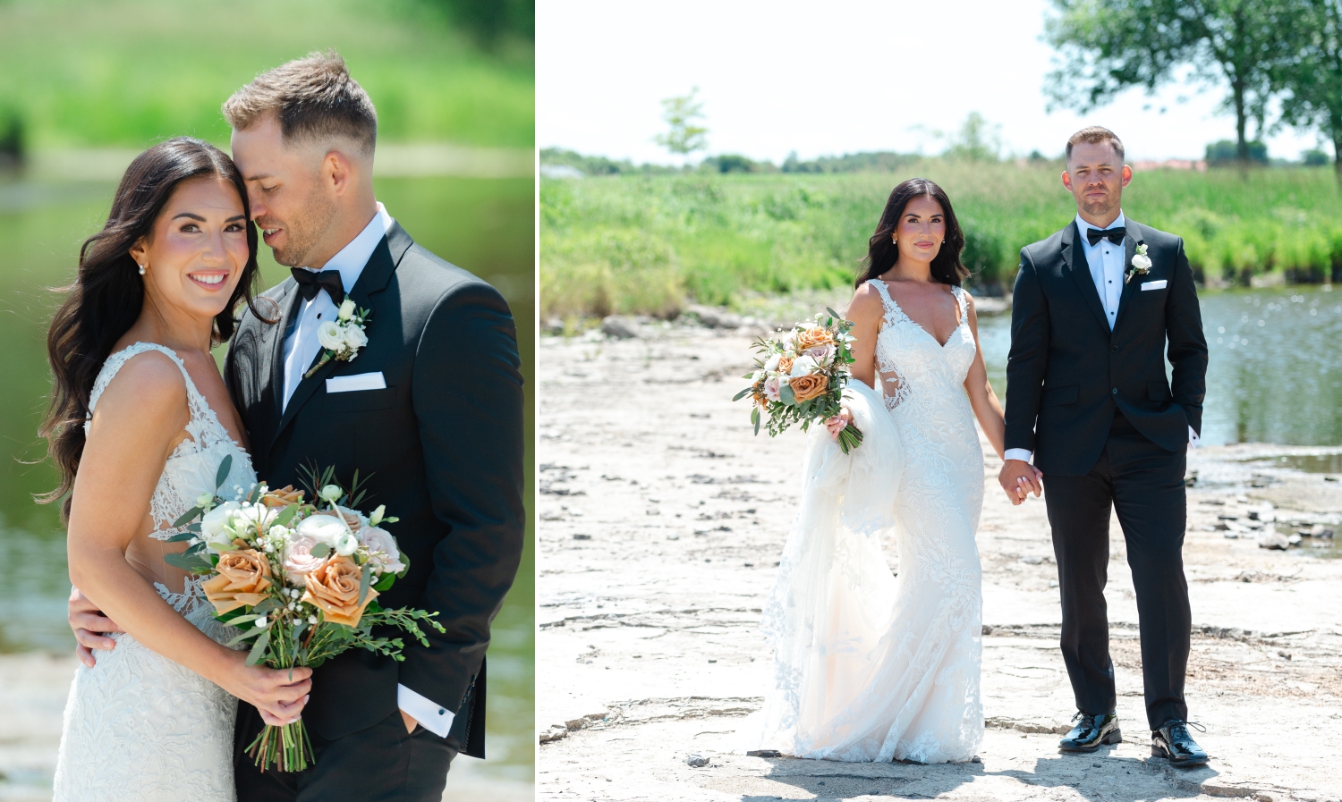 a full length portrait of a bride and groom posing at the riverside during their Bleeks and Bergamot Wedding