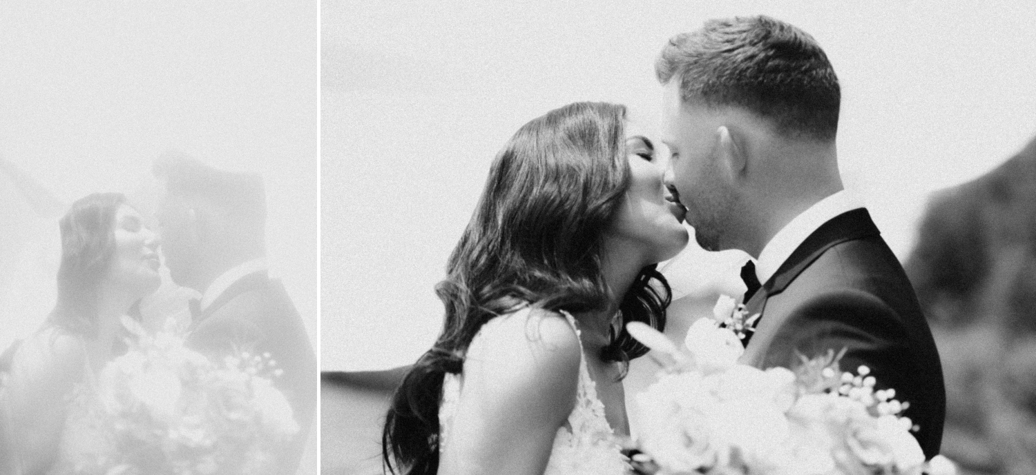 black and white grainy photos of a bride and groom kissing under a veil during their Bleeks and Bergamot Wedding
