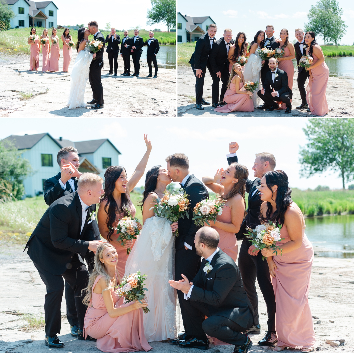 a collage of a wedding party cheering on a bride and groom during photos at the riverside at the Bleeks and Bergamot Wedding Venue