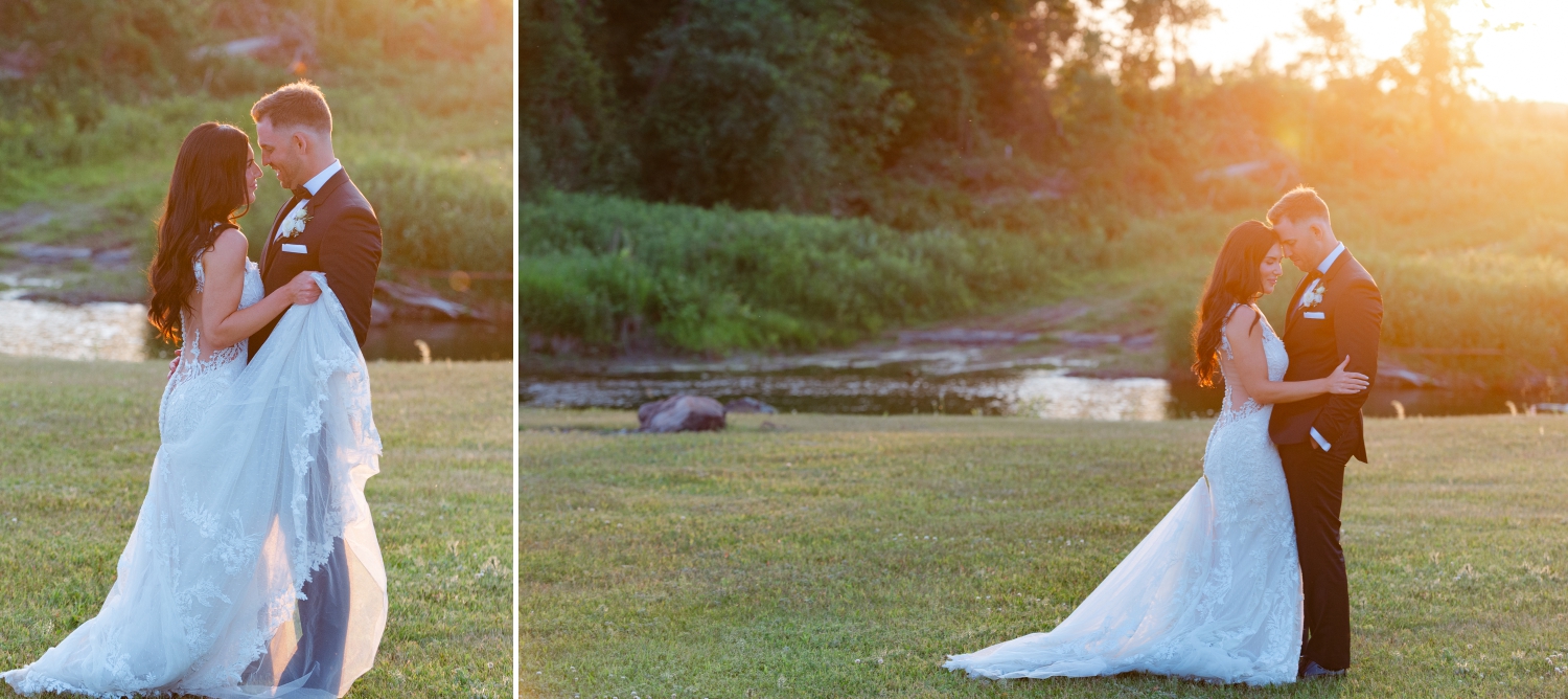 golden hour sunset photos of a bride and groom taken at the riverside at the Bleeks and Bergamot Wedding Venue