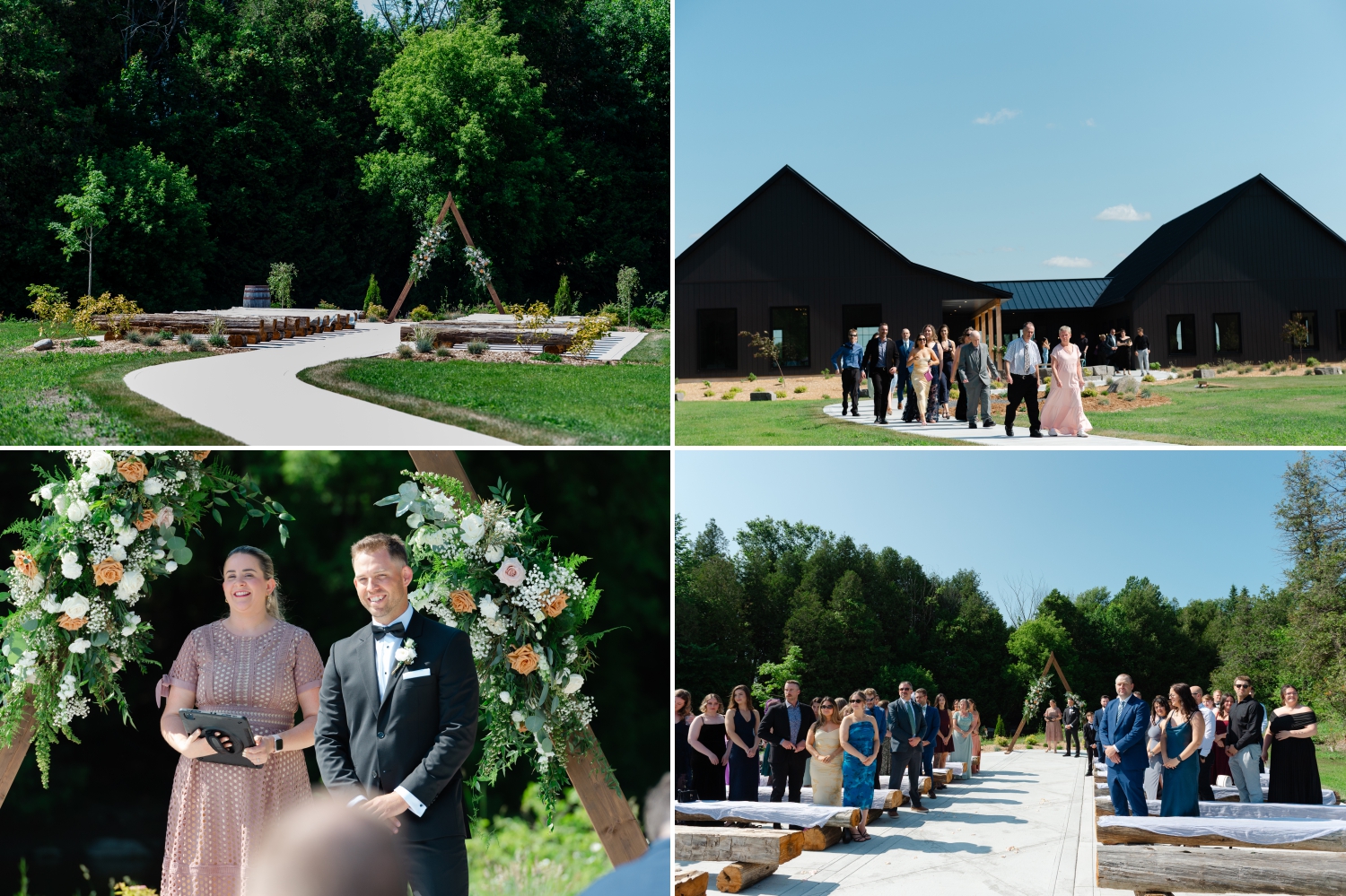 the outdoor ceremony location at the Bleeks and Bergamot Wedding Venue showing guests walking down and the groom patiently waiting for the bride