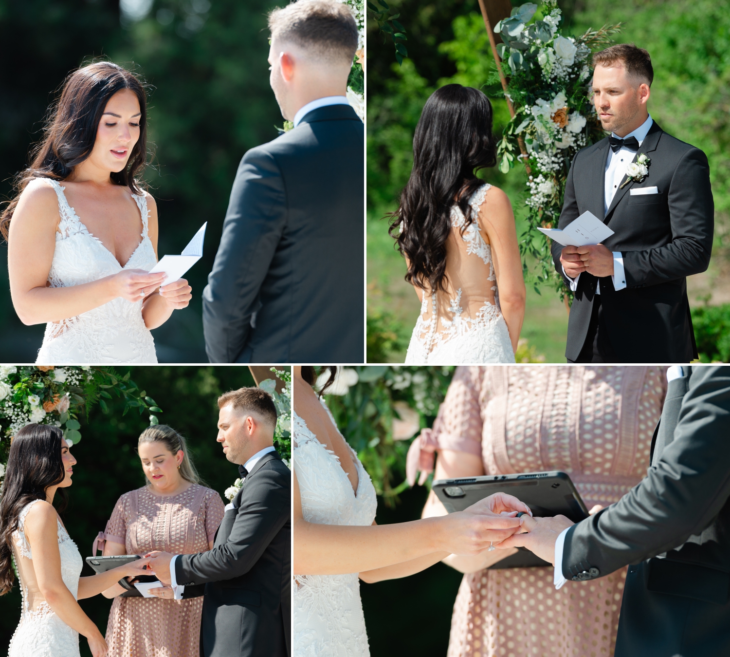 a collage of photos showing a bride and groom exchanging vows and rings during their ceremony at the Bleeks and Bergamot Wedding Venue