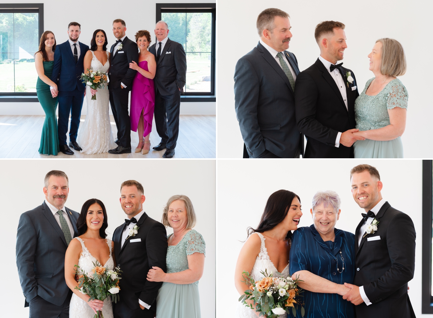 a collage of family photos taken in the chapel room of the Bleeks and Bergamot Wedding Venue