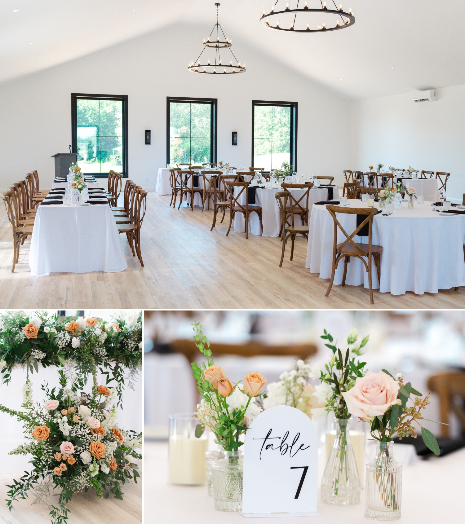 a collage of reception room details showing the table setup, decor and florals at the Bleeks and Bergamot Wedding Venue