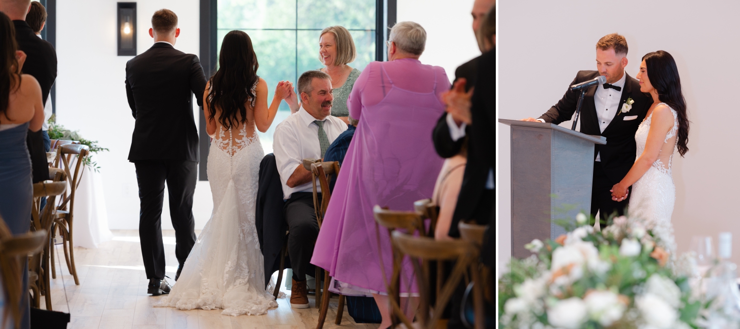 a bride and groom entering their reception at the Bleeks and Bergamot Wedding Venue and high-fiving family as they go by.