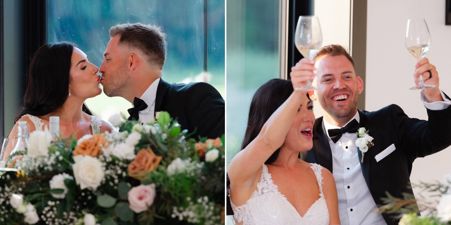 two images of a bride and groom kissing and clinking glasses during their Bleeks and Bermamot wedding reception