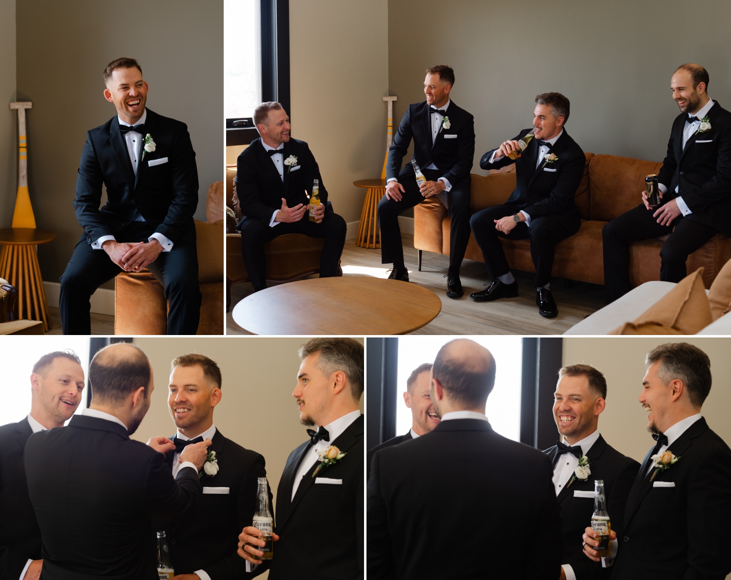 the groom and groomsmen socializing in the grooms suite at the Bleeks and Bergamot Wedding Venue