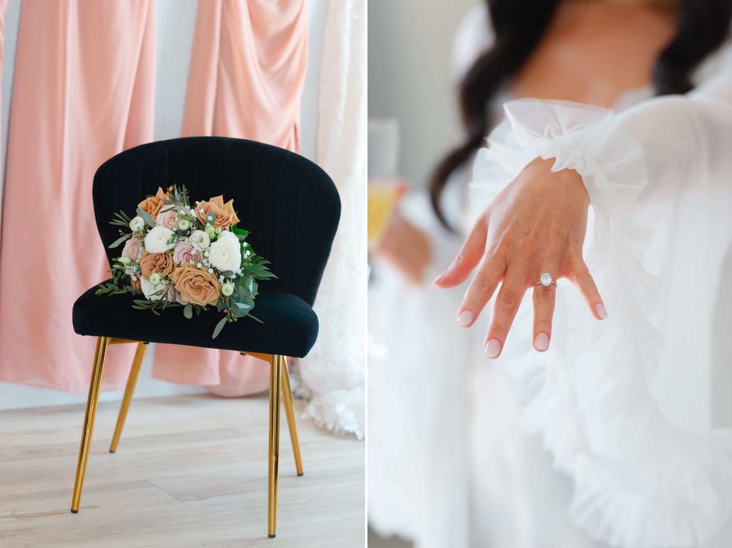 detail photos of a bouquet on a chair and an engagement ring as part of the photos taken at a Bleeks and Bergamot Wedding