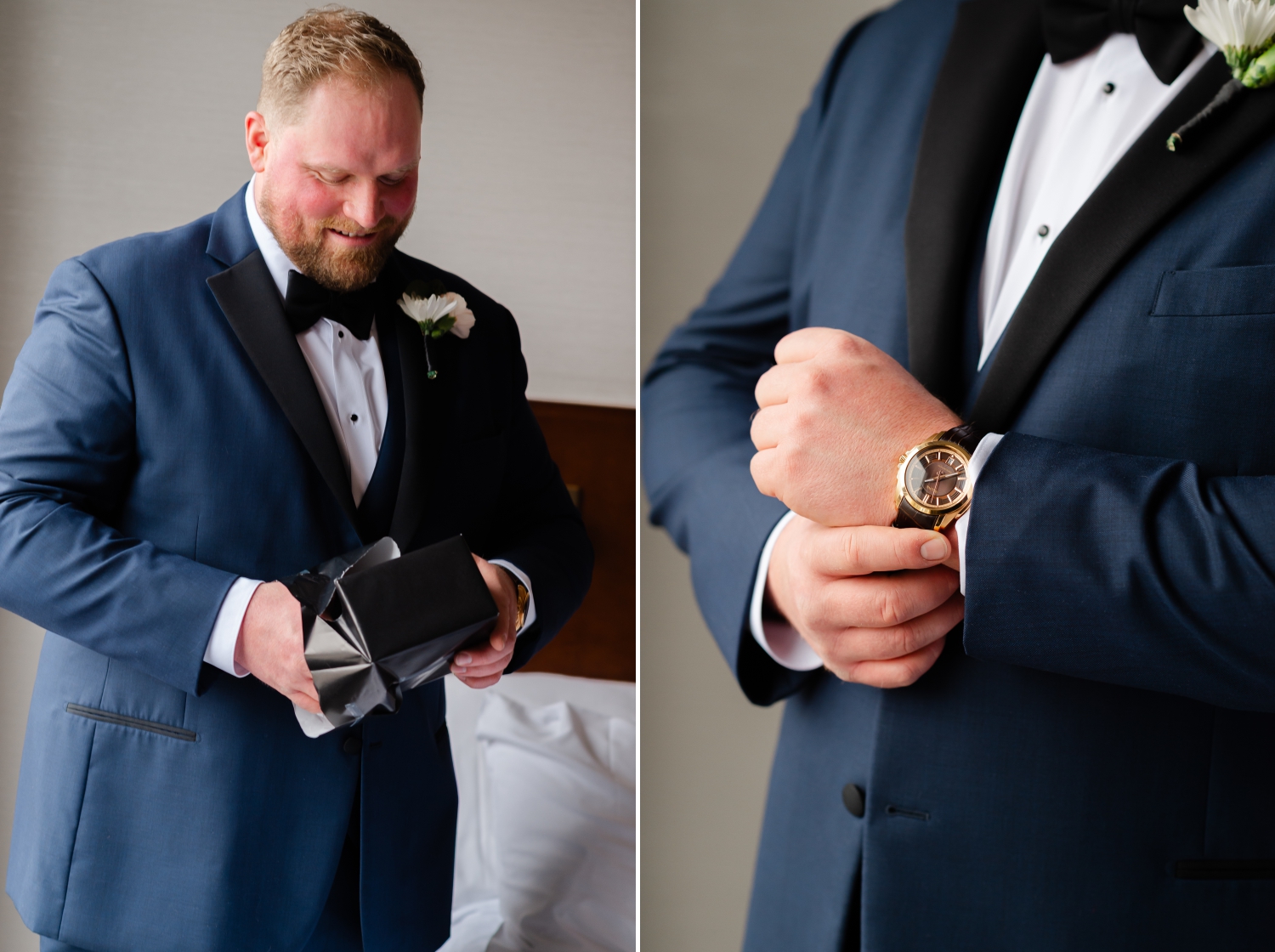 a groom in a blue suit opening a watch gift on his wedding day. Captured at the Lord Elgin Hotel by Ottawa wedding photographer JEMMAN Photography