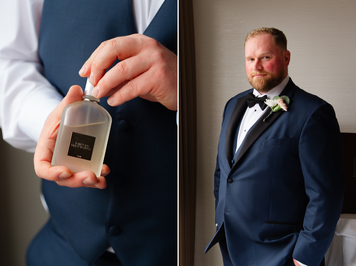 a groom in a blue putting on his cologne and posing for a formal wedding day portrait. Captured indoors at the Lord Elgin Hotel by Ottawa wedding photographer JEMMAN Photography