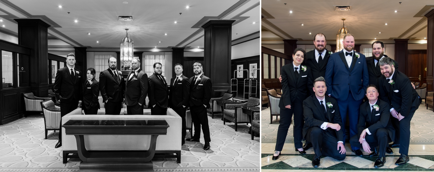 a groom and his groomsmen posed in a dramatic and then fun portrait in the lobby of the Lord Elgin hotel 