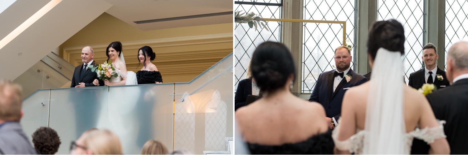 a bride coming down the staircase to meet her groom at the altar 