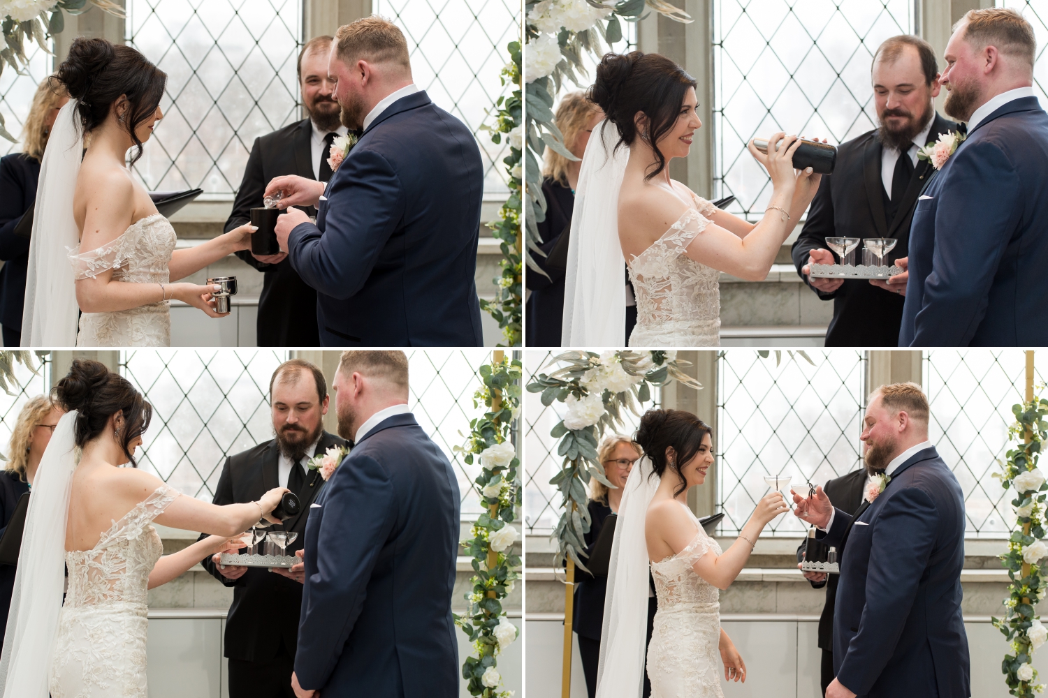 a bride and groom create and shake a martini during their wedding ceremony as part of their Museum of Nature Wedding Photos