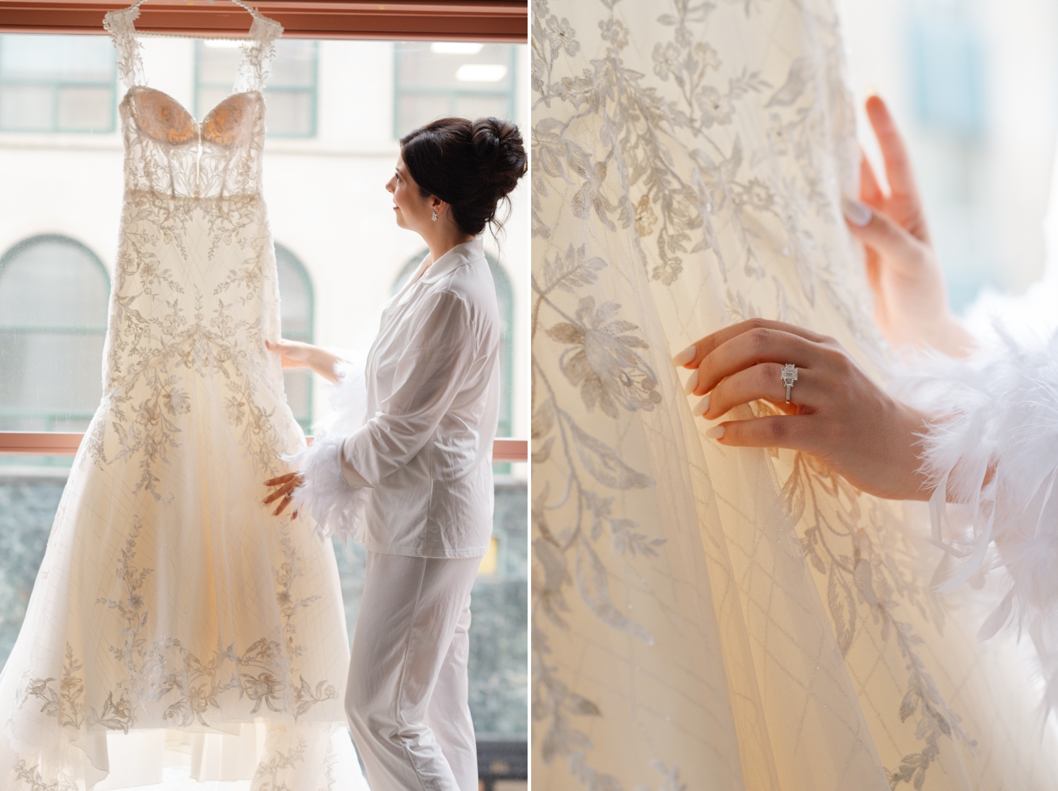 Museum of Nature Wedding Photos showing a bride touching her dress as it hangs in the window of the Restays hotel