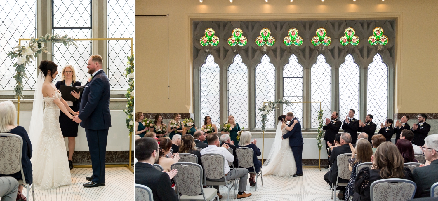 a bride and groom's first kiss as husband and wife during their Museum of Nature Wedding Photos