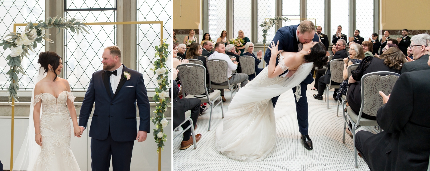 a groom dips his bride during the recessional 