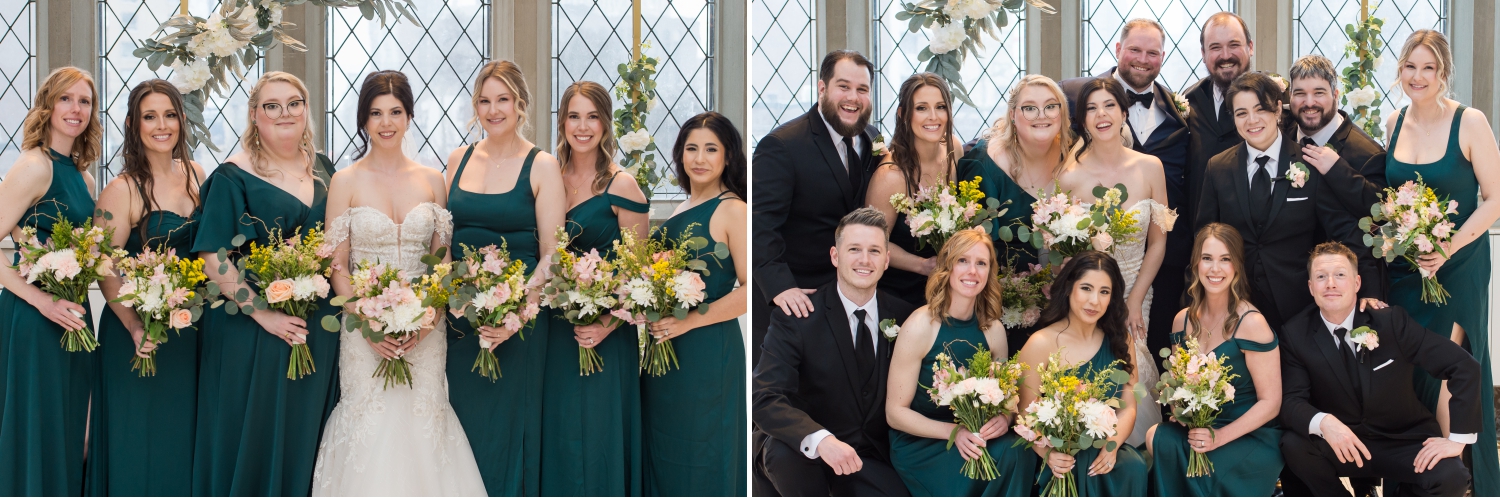 two photos showing bridesmaids in green and groomsmen in black tuxes laughing and smiling 