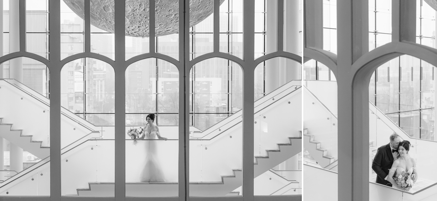 a black and white shoot through photo of a bride and groom in the Queen's Lantern as part of theirMuseum of Nature Wedding Photos
