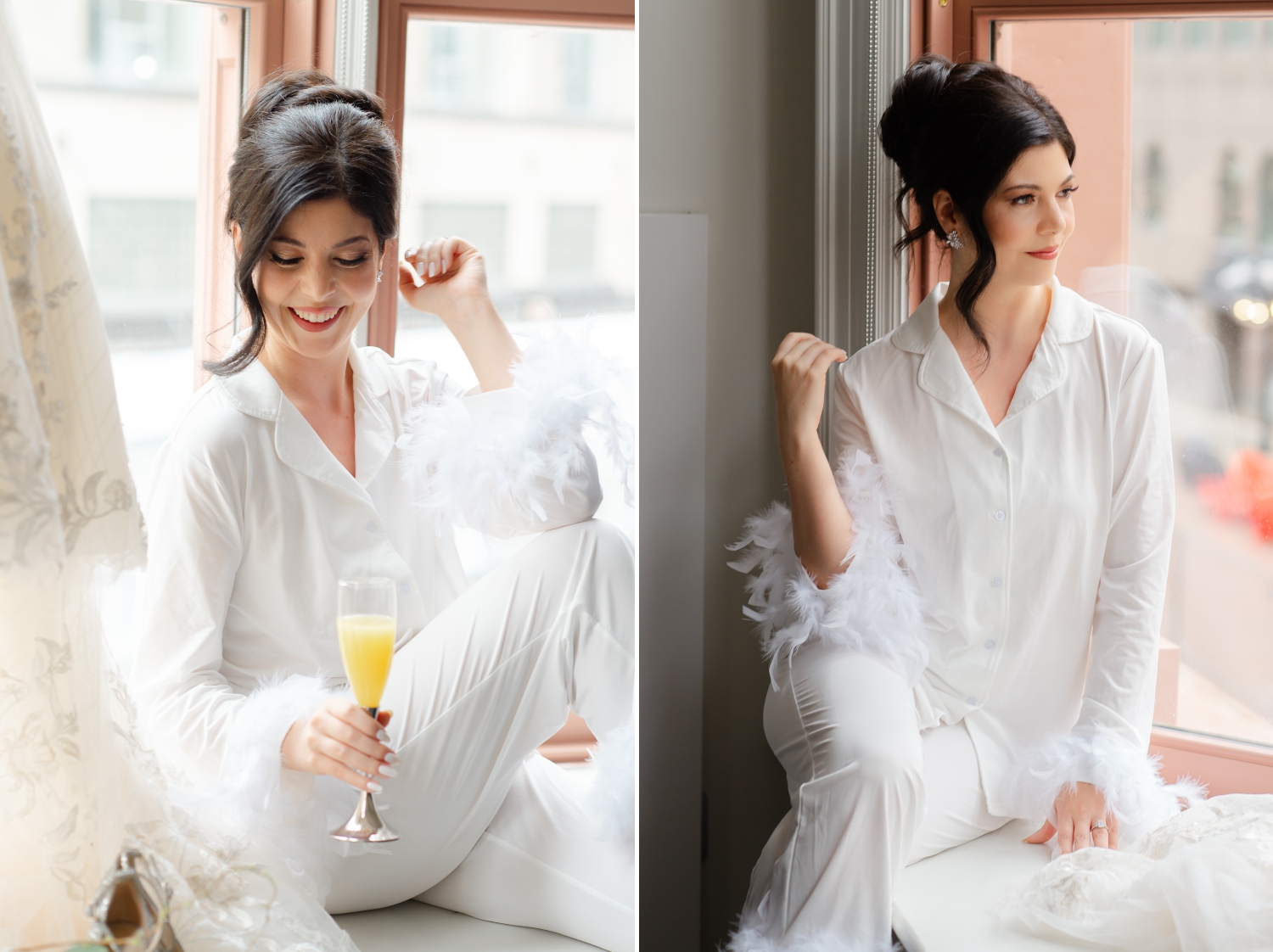 a bride in white silk pajamas sipping orange juice as she participates in her Canadian Museum of Nature Wedding Photos